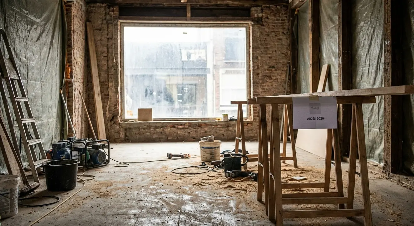 Subvention Rénovation Local Commercial : Le Guide des Aides 2026 - Illustration Intérieur d’un local commercial en rénovation, avec outils éparpillés, poussière sur un sol en béton, lumière naturelle filtrée à travers une fenêtre
