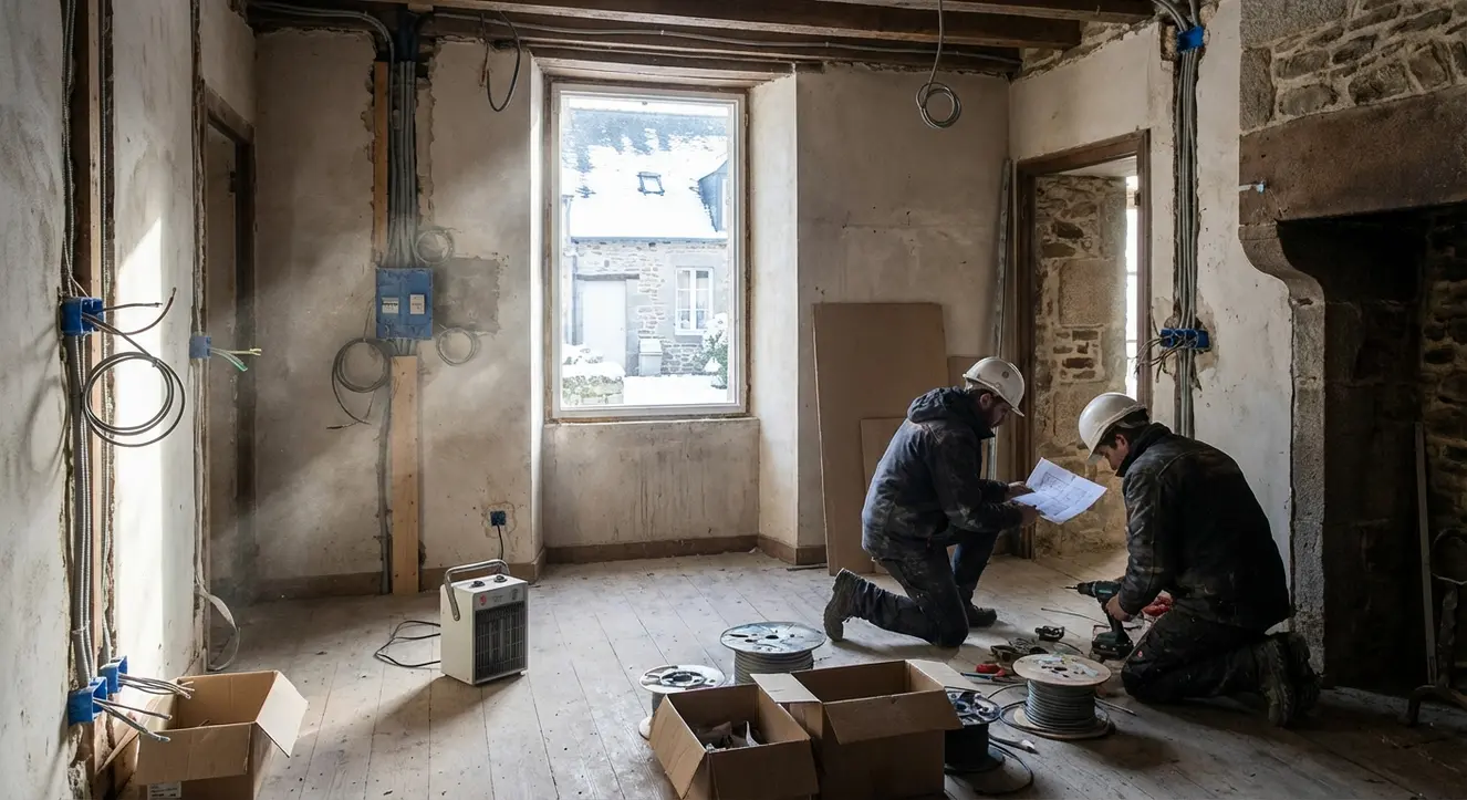 Intérieur d’une maison ancienne à Vitré, ambiance de chantier électrique en hiver, lumière froide et atmosphère poussiéreuse