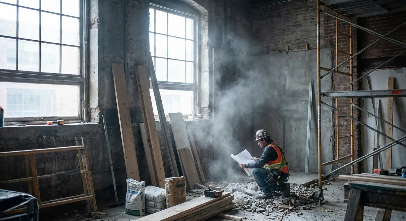 Intérieur d’un chantier de rénovation professionnelle, poussière en suspension dans l’air, matériaux bruts et ambiance matinale