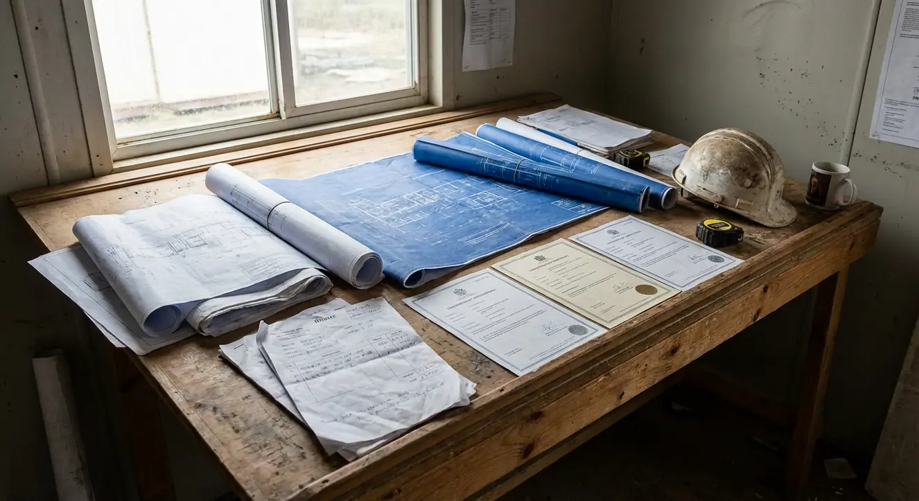 Table à dessin avec plans techniques, devis et certificats posés en désordre, ambiance réaliste d’un bureau de chantier