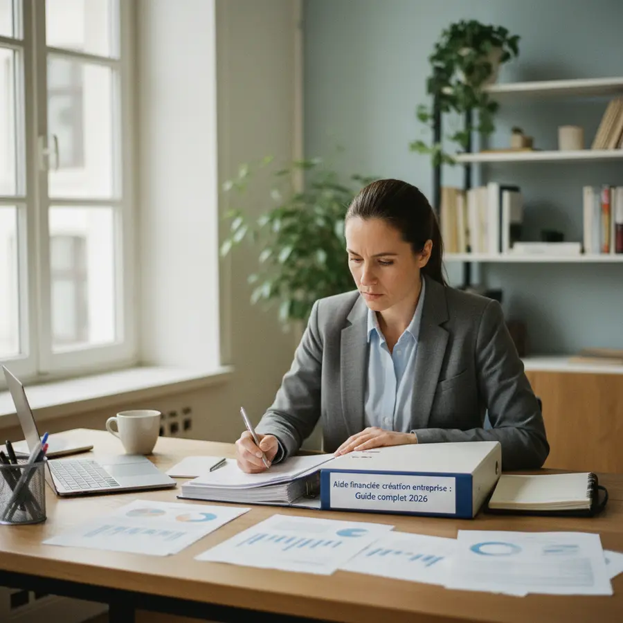 Aide financière création entreprise : entrepreneur étudiant documents sur bureau éclairé naturellement