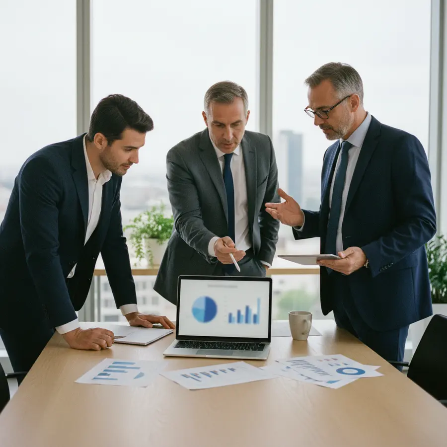 BoursoBank Pro : hommes d'affaires comparant offres bancaires dans un bureau moderne