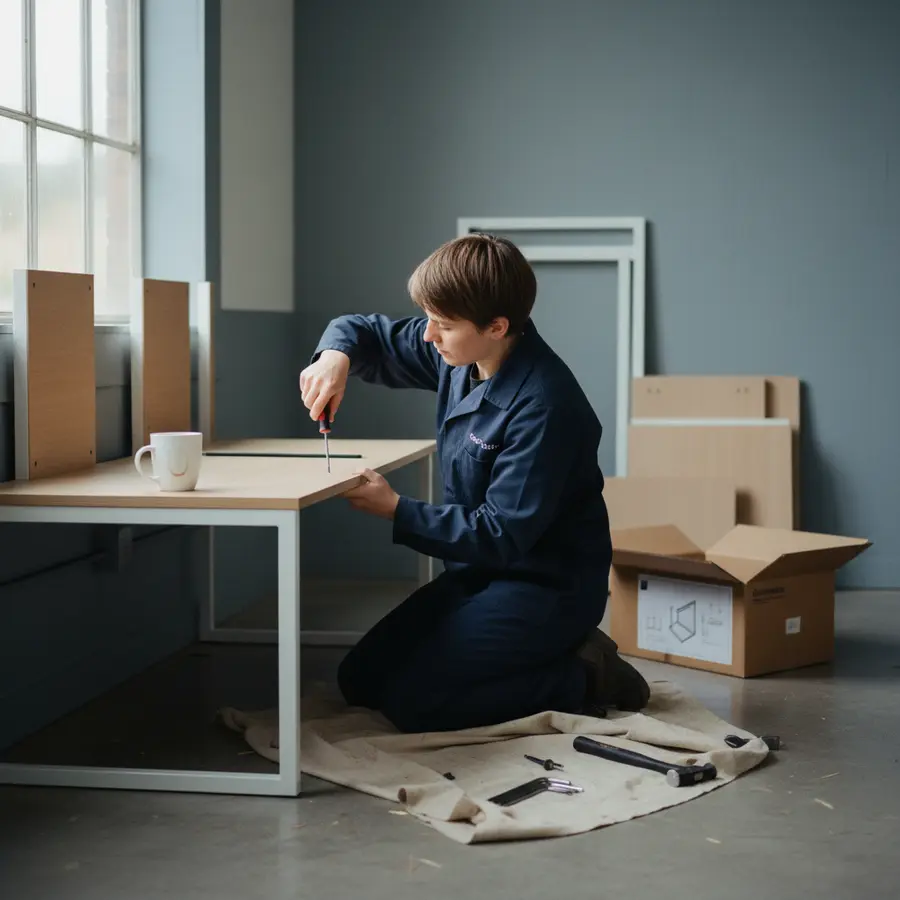 Person assemblant un bureau mural rabattable dans un espace pratique et organisé