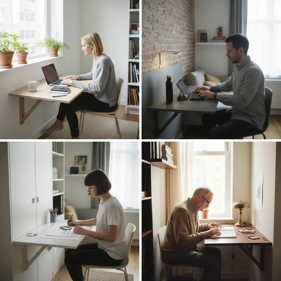Bureau Mural Rabattable dans divers petits espaces de vie modernes