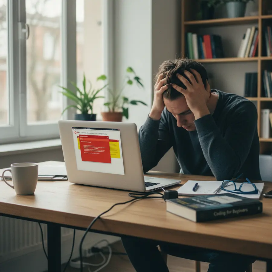 Espace de travail encombré avec une personne frustrée devant un ordinateur.