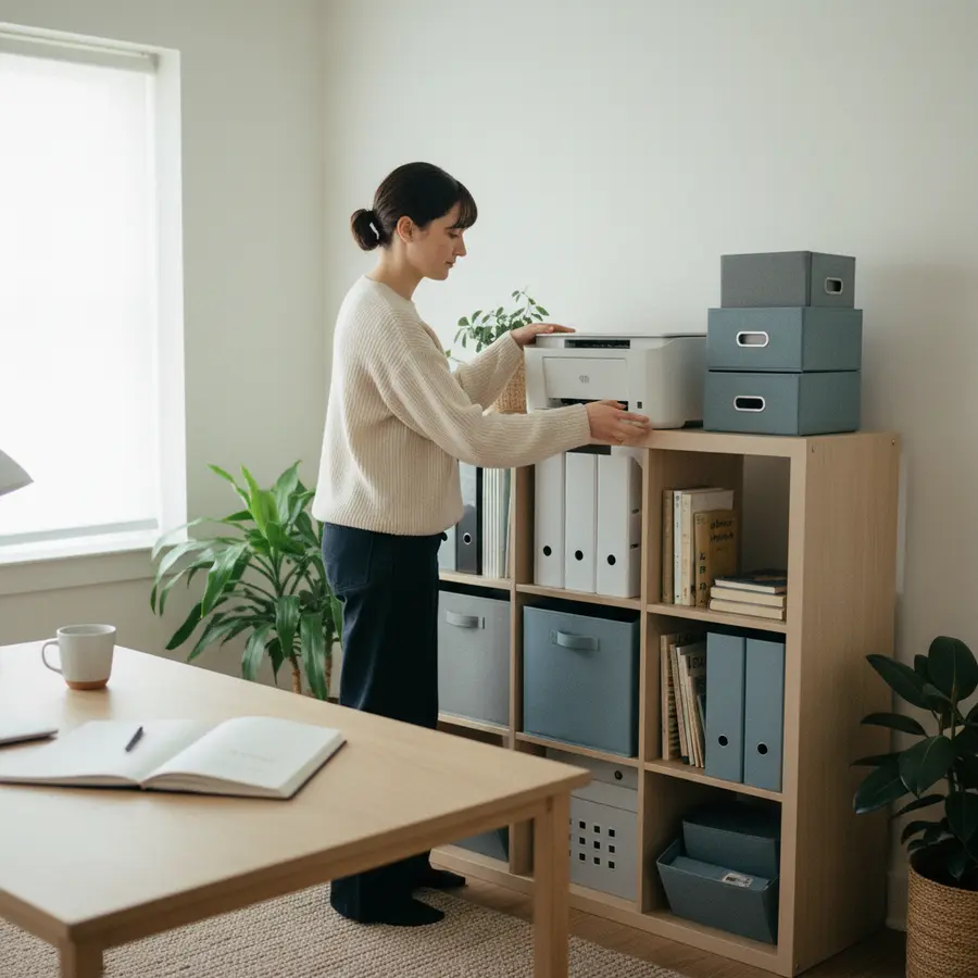 Personne organisant son meuble imprimante dans un bureau moderne, guide complet.