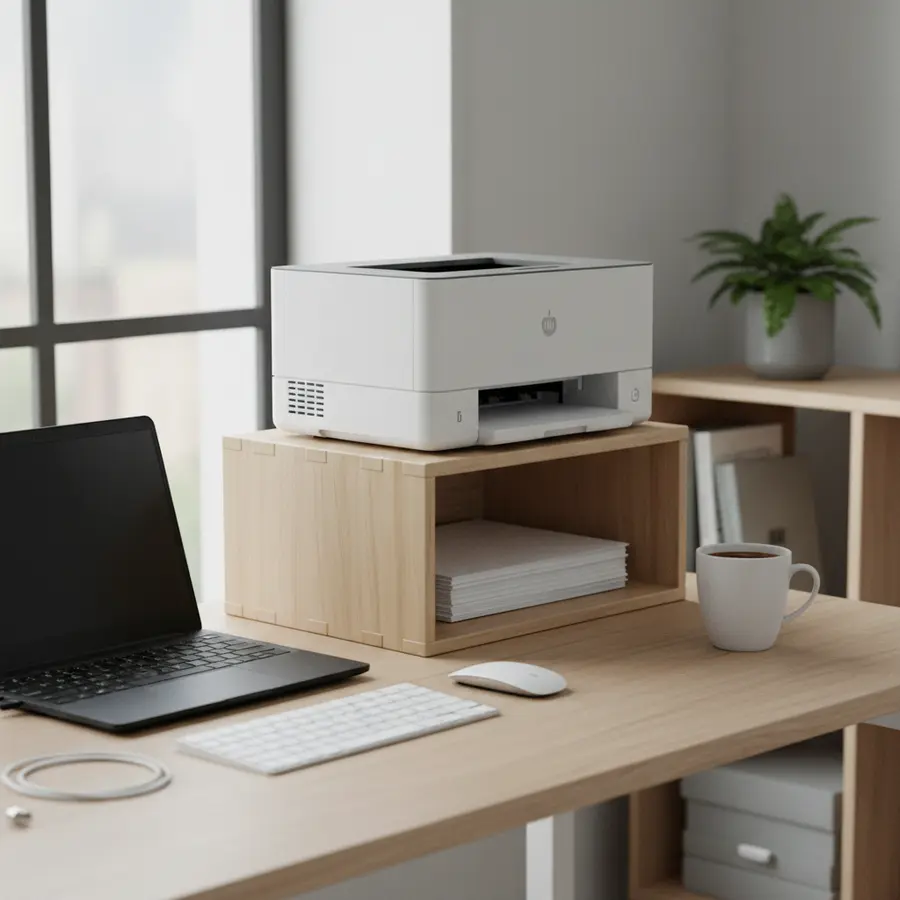 Meuble imprimante moderne dans un bureau pratique et organisé.