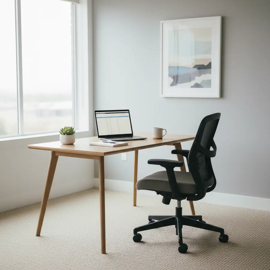 Décoration bureau : bureau avec chaise dans pièce lumineuse et accueillante