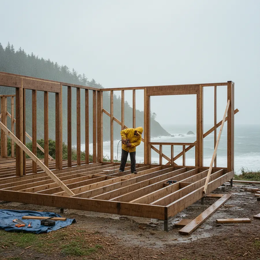 Extension maison en 35 en cours de construction sous la pluie sur la côte