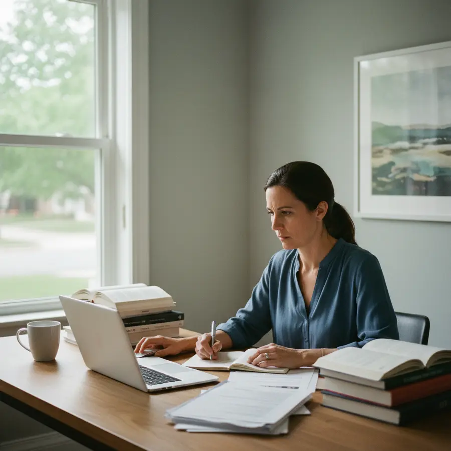 Formation adulte : adulte concentré avec papiers et ordinateur pour reconversion 2026