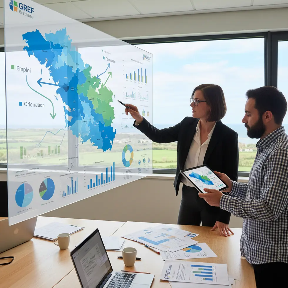 GREF Bretagne : Emploi, Formation et Orientation en Bretagne - Illustration Analyzing employment charts and training maps, Brittany region, realistic office environment