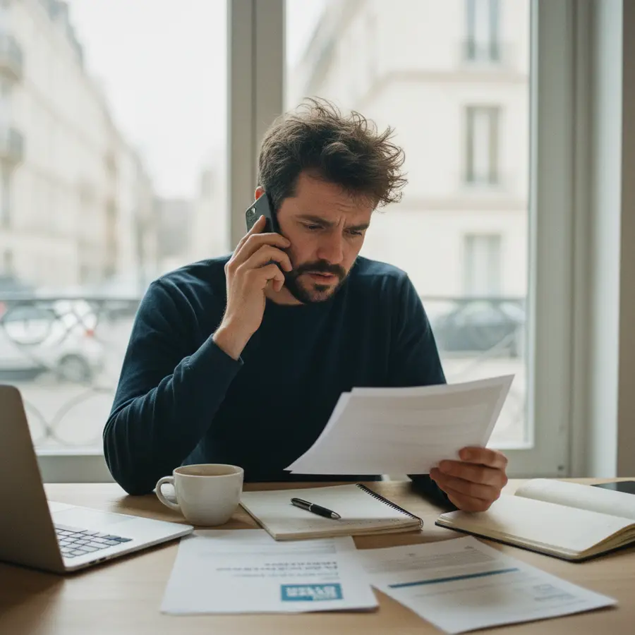 Auto-entrepreneur frustré devant paperwork avec Hello Bank Pro