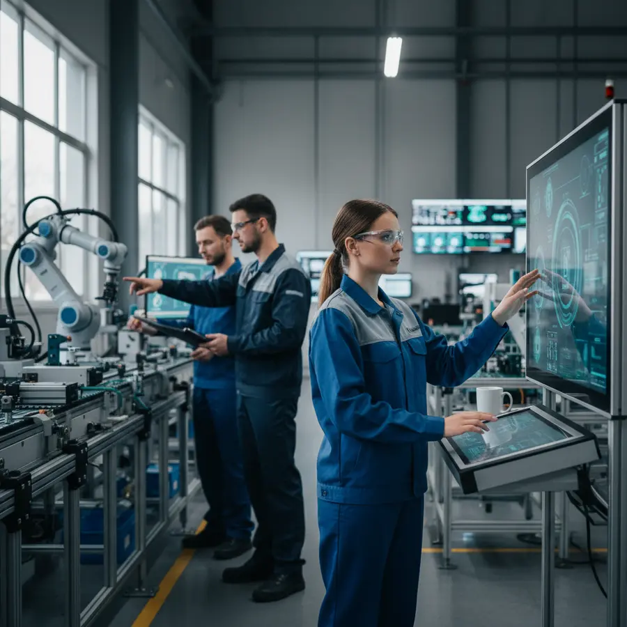 Industrie qui recrute : travailleurs en usine avec interfaces digitales high-tech