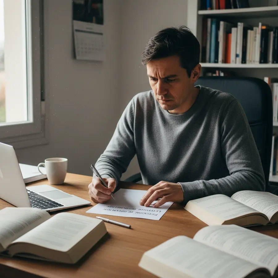Personne écrivant une lettre de motivation pour une reconversion professionnelle dans un bureau désordonné