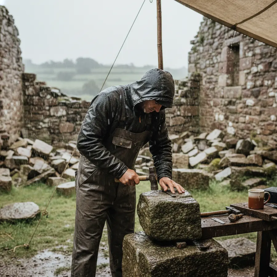 Maçonnerie en Ille-et-Vilaine : maçon travaillant sur vieille pierre sous la pluie