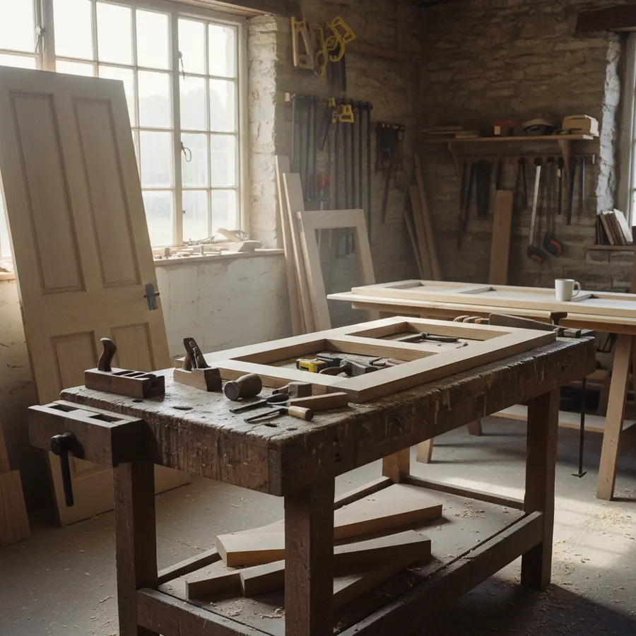 Menuiserie en Ille-et-Vilaine : atelier de menuiserie avec portes en bois et outils
