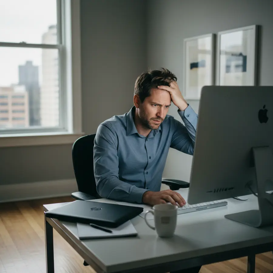 A person frustrated in front of a computer trying to log in, office setting, lumière naturelle