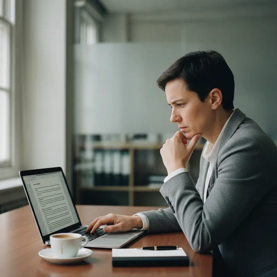 Orus Assurance : personne vérifiant un contrat d'assurance d'entreprise sur ordinateur