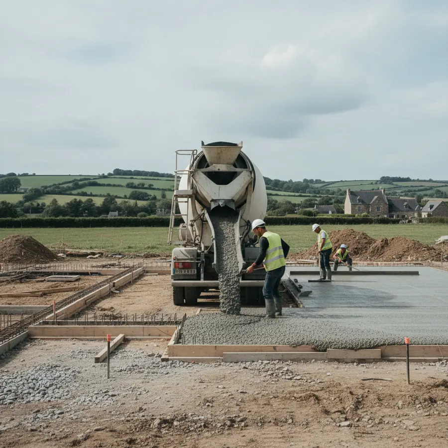 Travaux publics en Ille-et-Vilaine : camion béton déchargeant sur le chantier