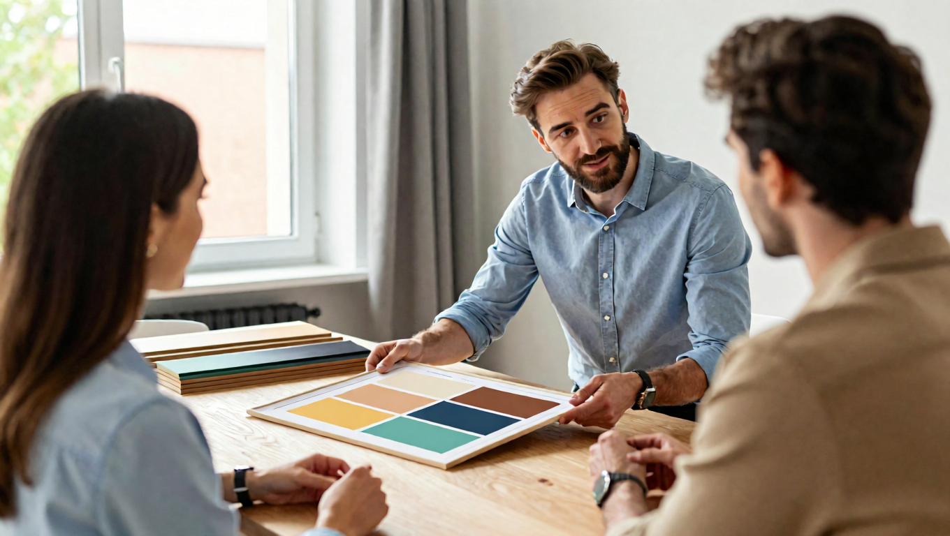 Décorateur d'intérieur professionnel présentant une planche d'ambiance à un client