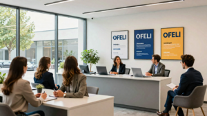 Bureau d'accueil OFELI avec personnes en entretien et affiches sur les murs