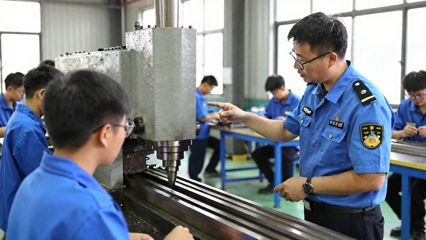 Atelier de formation industriel avec élèves sur machine-outil