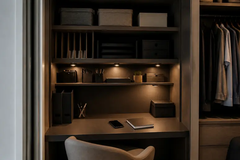 eclairage led et etageres de rangement bureau placard