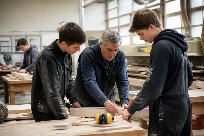 Des stagiaires mettent en pratique leurs compétences avec l'aide d'instructeurs dans un atelier spécialisé d'un centre de formation à Rennes.