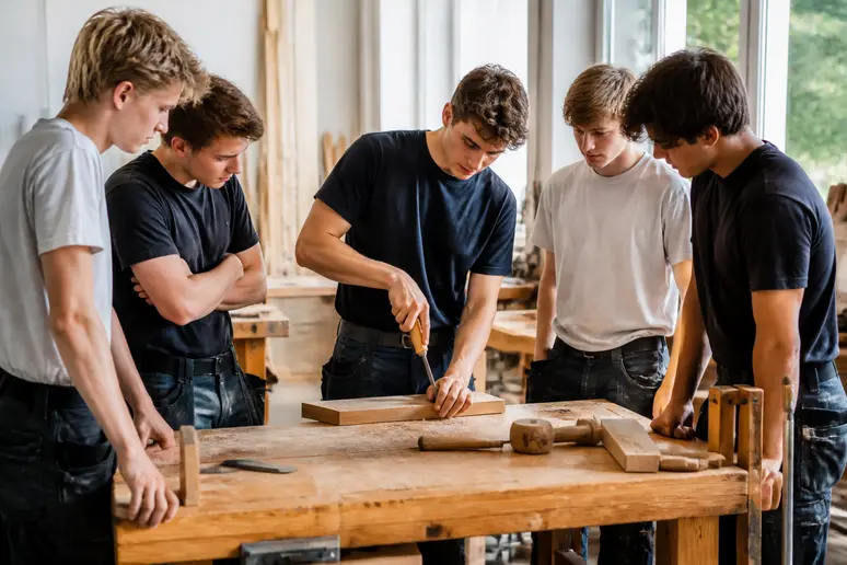 Apprentis suivant une formation pratique dans un atelier de menuiserie au CFA de Vannes.