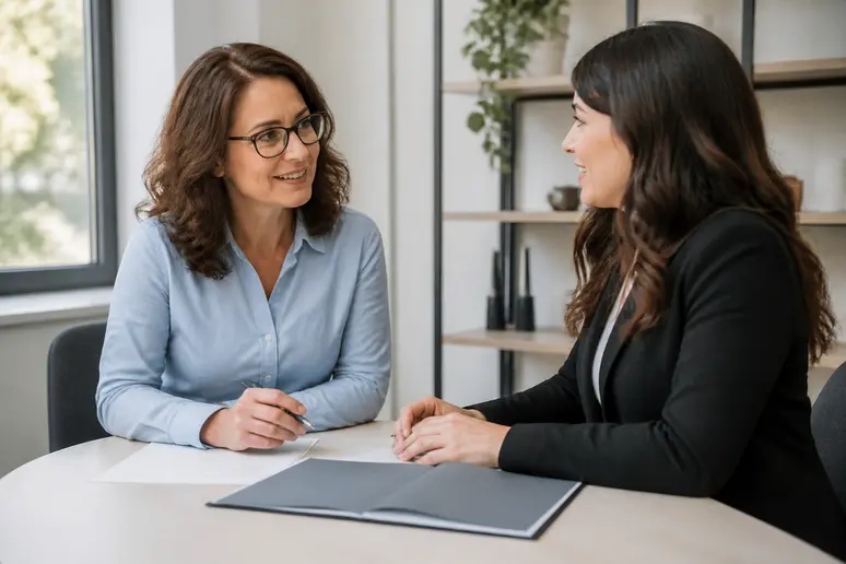 Une entrepreneure discute de sa stratégie de développement avec une conseillère de la CCI dans un bureau lumineux et professionnel.