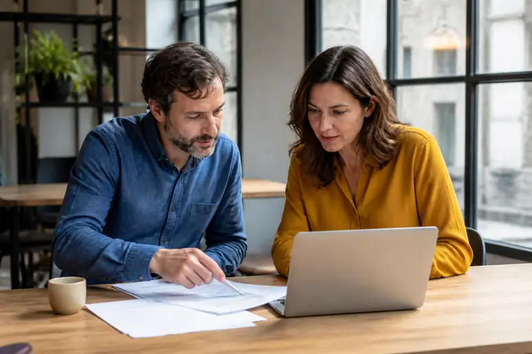 Deux associés discutent de leur projet d'entreprise autour d'une table dans un espace de coworking lumineux.