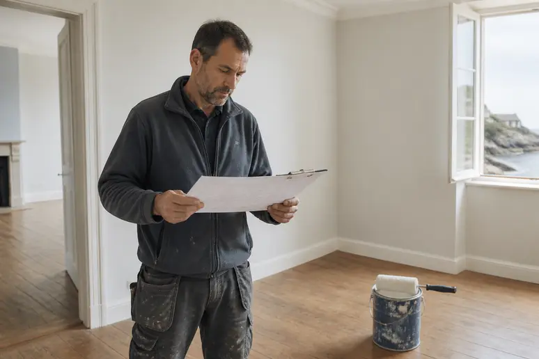 Un artisan peintre consulte un plan sur son chantier, une boîte de peinture à proximité, dans une maison rénovée.