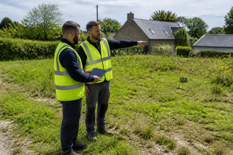 Des techniciens d'assainissement évaluent un terrain dans une zone rurale d'Ille-et-Vilaine.