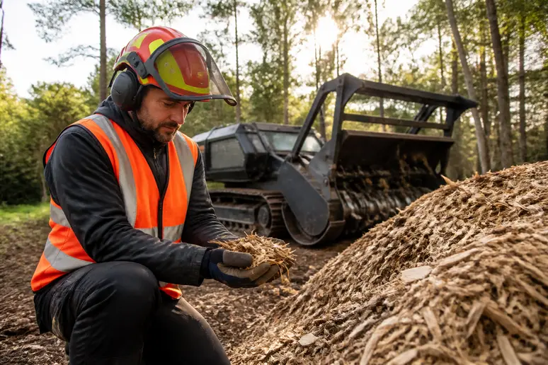 Professionnel examinant des copeaux de bois après broyage forestier dans un secteur boisé d'Ille-et-Vilaine.