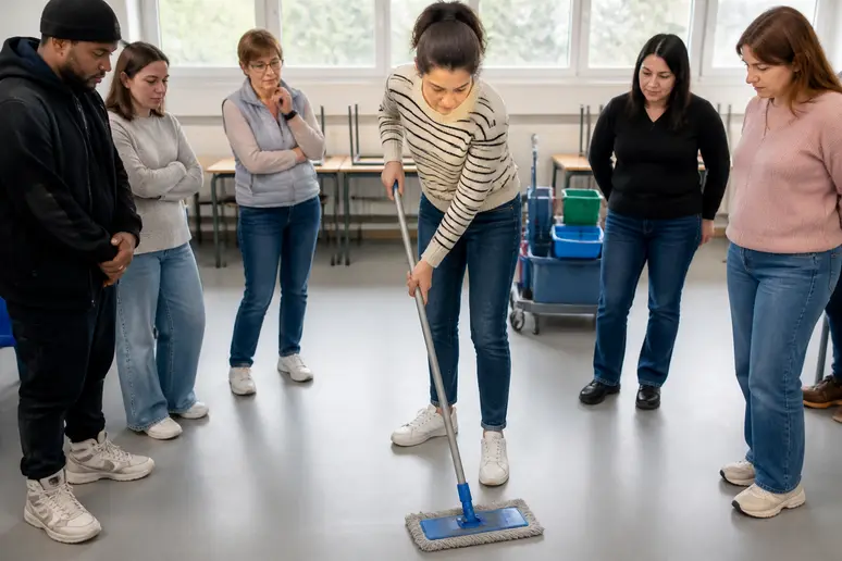 Des adultes en formation d'agent de propreté en Bretagne apprennent des techniques de nettoyage pratique dans un cadre de classe.