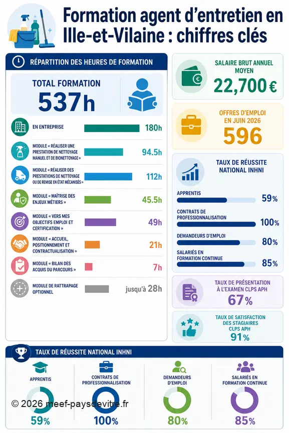 Infographie sur la formation d'agent d'entretien en Ille-et-Vilaine : durée, salaire, emploi et taux de réussite.