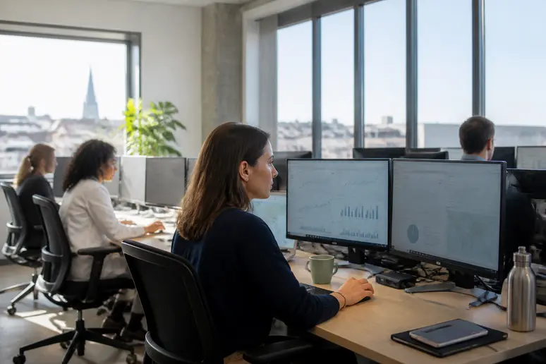 Des employés de bureau en Ille-et-Vilaine comparent les tarifs de transport sur leurs écrans, optimisant les coûts logistiques pour leur entreprise.