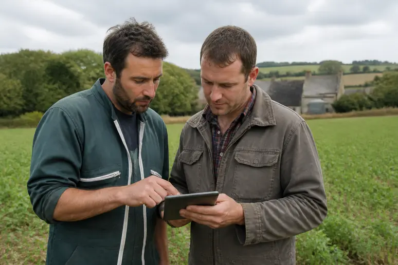 Deux agriculteurs en Ille-et-Vilaine discutent sur une tablette des travaux agricoles à venir, dans un paysage rural typique.