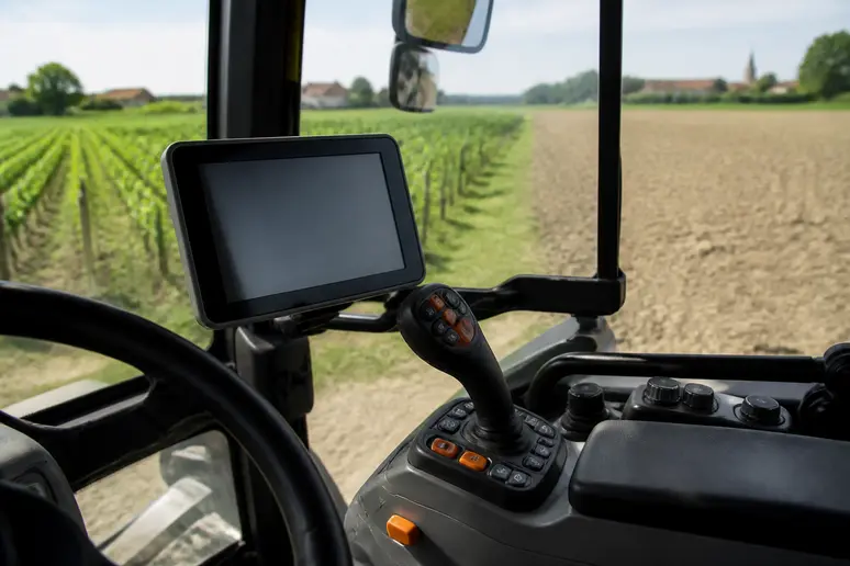 Gros plan sur le panneau de contrôle GPS d'un tracteur moderne utilisé par une ETA en Ille-et-Vilaine, illustrant la technologie avancée.