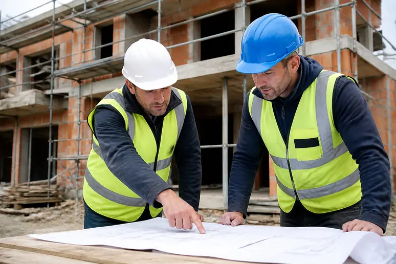 Deux ouvriers en Ille-et-Vilaine examinent des plans pour des travaux de gros œuvre, illustrant le choix d'une entreprise qualifiée.