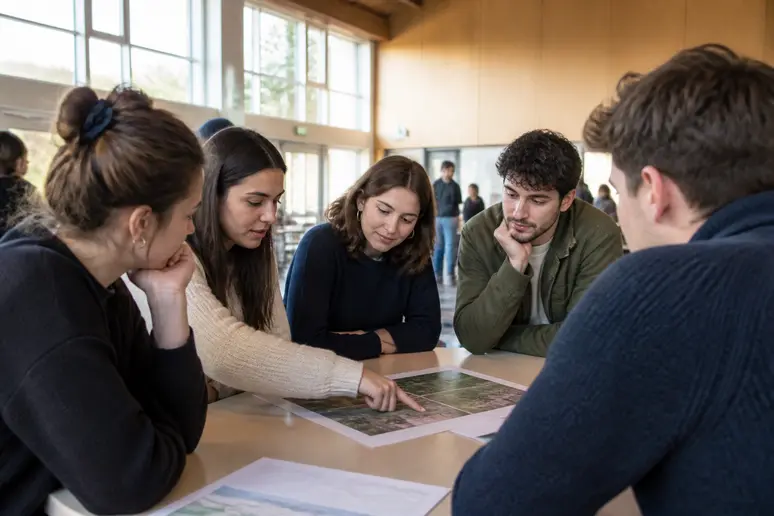 Des jeunes adultes européens échangent autour d'un document dans un centre communautaire, exprimant intérêt et espoir.