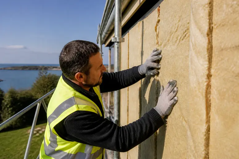 Artisan expérimenté appliquant un isolant sur la façade d'une maison en Bretagne.