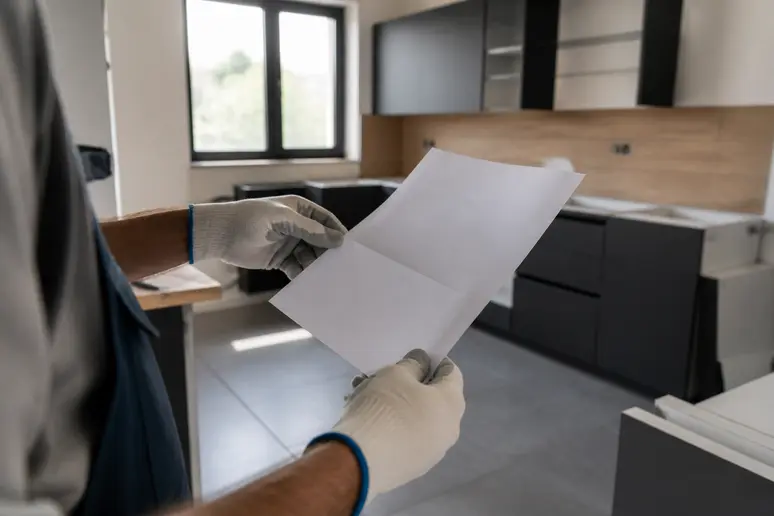 Des mains gantées vérifient un certificat RGE, gage de qualité pour les travaux de rénovation énergétique à l'intérieur d'une maison en Bretagne.