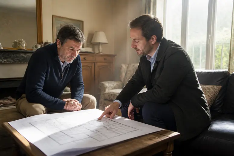 Un propriétaire consulte un plan de rénovation détaillé avec un professionnel dans un salon lumineux en Ille-et-Vilaine.