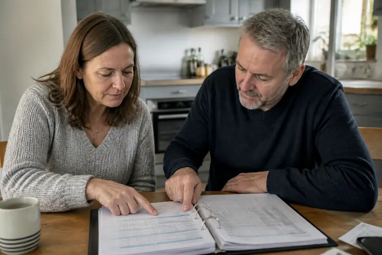 Un couple examine attentivement un devis détaillé pour leur projet de rénovation, discutant du budget à prévoir.