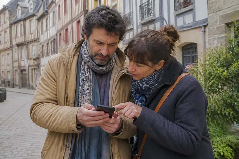 Couple breton cherchant une entreprise RGE sur un smartphone dans une rue de Rennes, Ille-et-Vilaine.