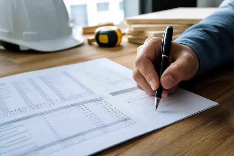 Main tenant un stylo prête à signer un devis RGE détaillé sur une table, symbolisant la validation d'un projet.