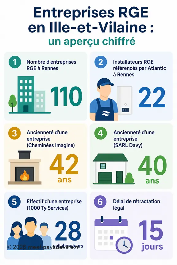 Infographie présentant le nombre d'entreprises RGE, leur ancienneté et leurs effectifs en Ille-et-Vilaine.