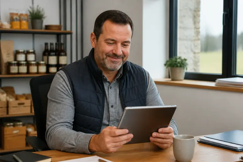 Entrepreneur du Pays de Vitré utilisant une tablette pour signer électroniquement un document d'affaires.