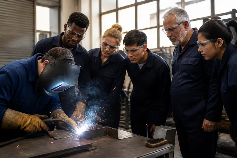 Des adultes diversifiés observent attentivement un formateur démontrant une technique de soudage experte dans un atelier lumineux.